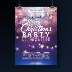 Wall Mural - Christmas Party Flyer Illustration with Lights Garland and Typography Lettering on Shiny Blue Background. Vector Holiday Celebration Poster Design Template for Invitation or Banner.