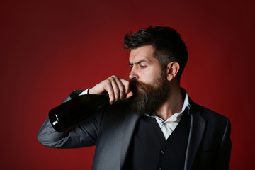 Bearded man drink champagne, wine. Stylish handsome man in suit drinking from bottle. Portrait of a handsome bearded businessman in elegant suit, drink wine, champagne. Rich man with a holding bottle.