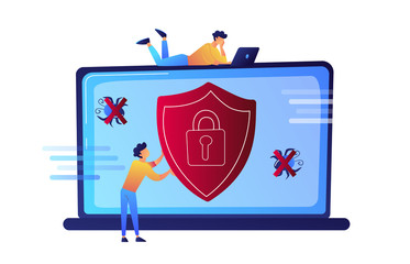 Poster - programmer trying to protect his laptop from virus vector illustration