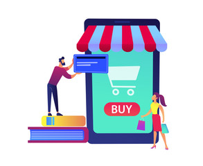 Canvas Print - A couple shopping online with huge smartphone with shopping cart vector illustration