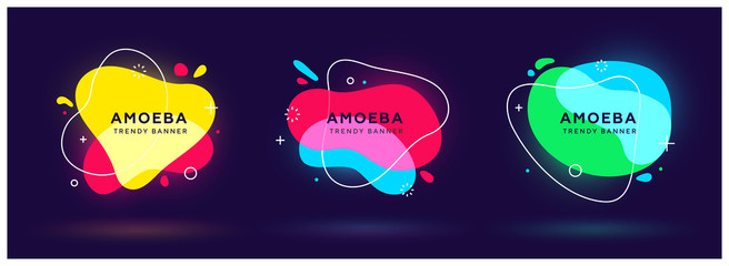Poster - Set of modern abstract neon vector banners. Flat geometric shapes of different colors with white outline in memphis design style. Template ready for use in web or print design.