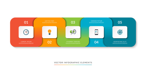 Wall Mural - Infographic template of 5 connected parts. Clean colorful banner for website or graphic layout, timeline, diagram, chart. Vector illustration