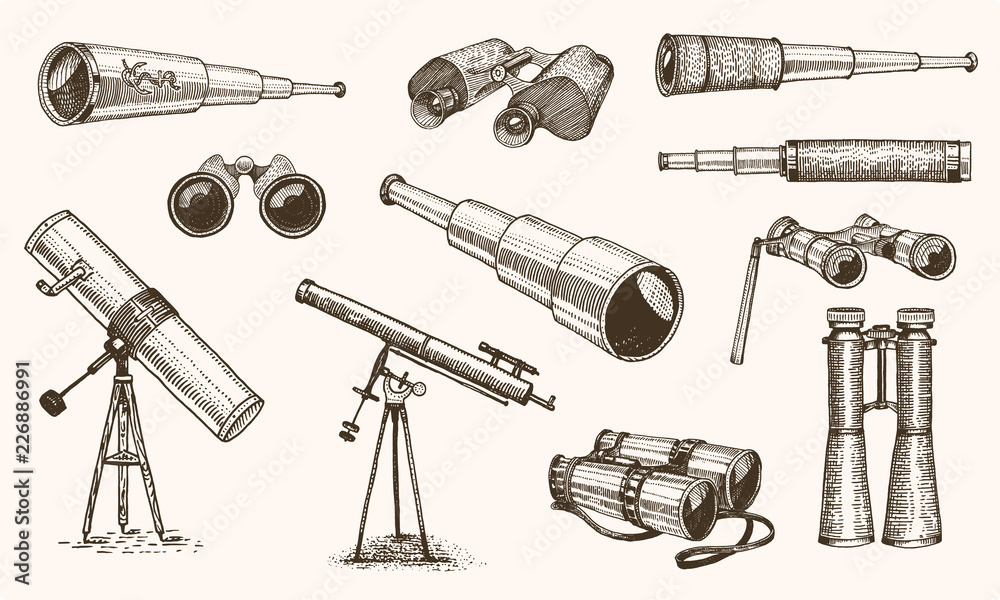 Binoculars or field glasses. Military set. vintage telescopes and optical equipment. engraved hand drawn old line icon. retro sketch style. Concept of active travel, exploration, discovery. - obrazy, fototapety, plakaty 