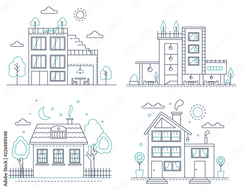 Thin line countryside suburban american house with trees set. Vector ...