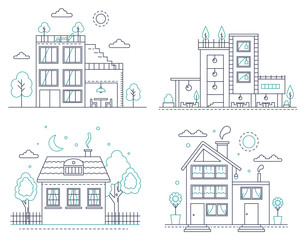 Poster - Thin line countryside suburban american house with trees set. Vector smart home illustration for infographic, web design and application interfaces.