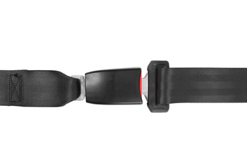 Fastened car safety seat belt on white background, top view