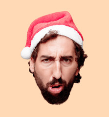 Wall Mural - young crazy bearded man cutout head expression isolated. santa claus role. scared concept