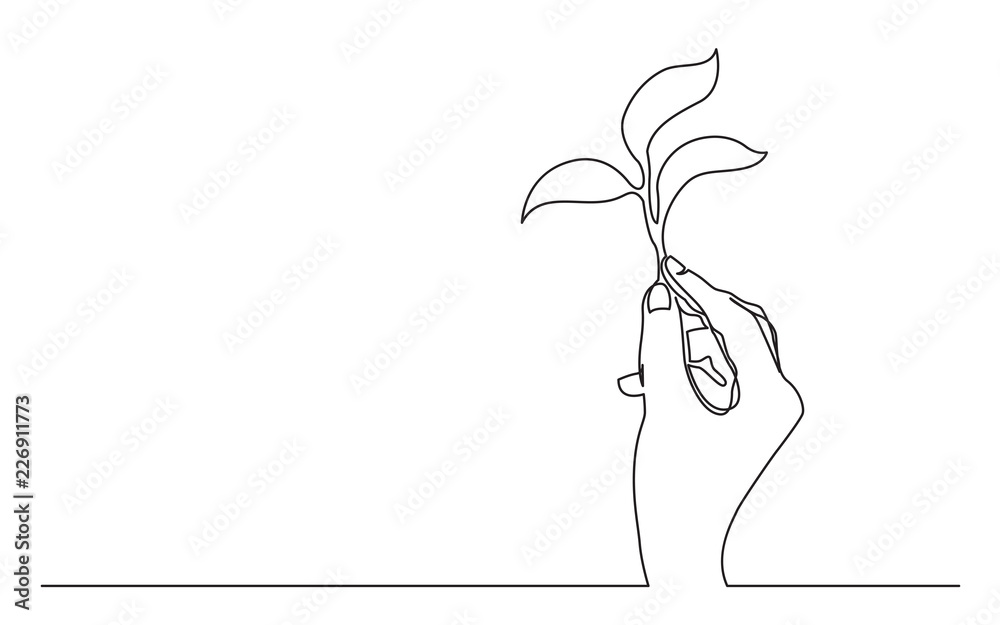continuous line drawing of hand holding growing plant Stock Vector ...