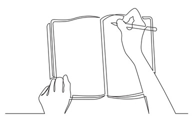 continuous line drawing of hands writing in workbook