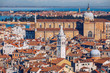 Venice panoramic aerial view with red roofs, Veneto, Italy. Aerial view of the Venice city, Italy. Venice is a popular tourist destination of Europe. Venice, Italy.