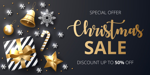 Wall Mural - Christmas sale banner with shining gold and white ornaments.