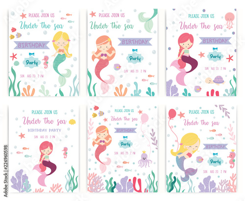 Set Of Cute Mermaid Theme Birthday Party Invitation Card Vector