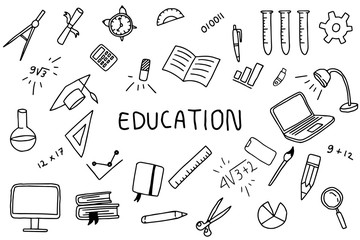 education doodle art with text banner on the middle with black and white color