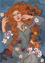 Vector Beautiful Red-haired Girl In An Old-fashioned Dress, Waves Of The River, Water, And Flowers