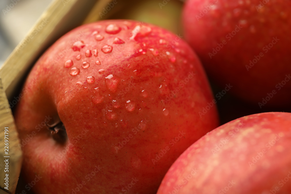 Ripe juicy apples with water drops, closeup