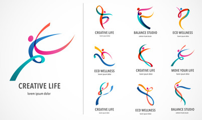 abstract people logo design. gym, fitness, running trainer vector colorful logo. active fitness, spo