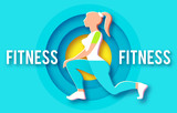 Fototapeta Pokój dzieciecy - Woman Fitness Poster Template. Sport Motivation. Paper 3D Art. Workout girl. Sports and Health Care Flyer. Gym Design.