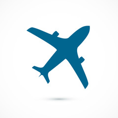 Poster - Blue flying airplane icon. Vector illustration isolated on white background