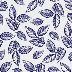 Poster - Hand drawn leaves with berries seamless pattern backround. Vector illustration