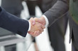 © ASDF - Two businessmen shaking hands with colleagues  on background.