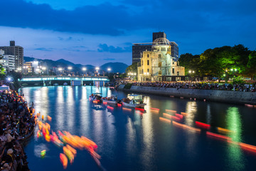 famous toro nagashi ceremony at hiroshima ota river embankment as the commemoration of those lost in the bombing