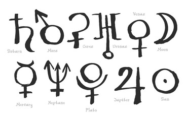 Planet symbols hand-drawn with brush black vector elements isolated on white