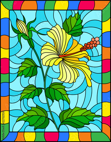 Dekoracja na wymiar  ilustracja-w-stylu-witrazu-z-kwiatami-pakami-i-liscmi-zoltego-hibiskusa-na-niebiesko