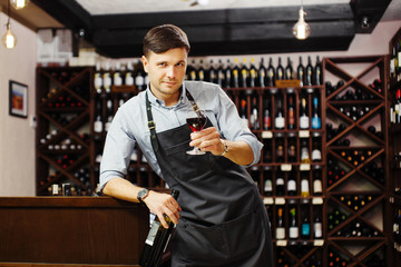 Wall Mural - Male sommelier tasting red wine in cellar. Professional degustation expert