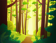 Cartoon Forest With Bright Sunlight And  Green Foliage. Background Vector Illustration.