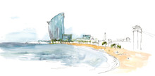 Watercolor Hand Drawn Sketch Landscape Illustration Of Barceloneta Beach, Barcelona, Spain Isolated On White