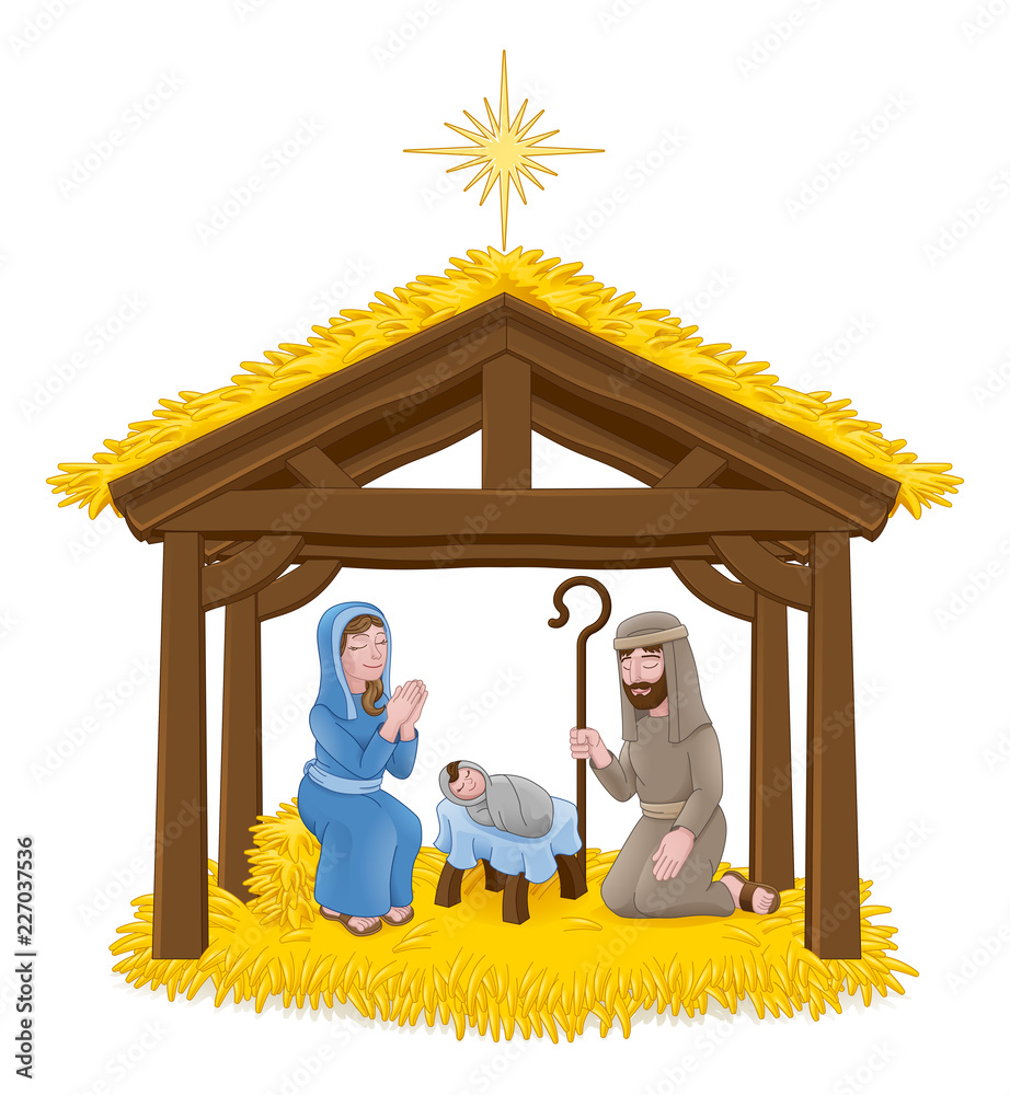 A Christmas nativity scene cartoon, with baby Jesus, Mary and Joseph in the  manger and guiding star above. Stock Vector | Adobe Stock, image size:922x1000