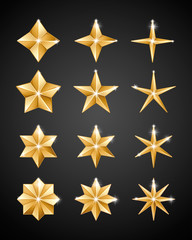 Wall Mural - Set of realistic metallic golden stars of different shapes isolated on a black background