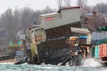 Coastal Erosion - Houses Built On Weak Clay Soil Slide Down To The Sea And Collapse Near Odessa, Ukraine