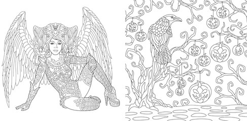 Wall Mural - Coloring pages with Halloween angel or witch and crow bird