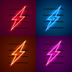 Wall Mural - Neon sign of lightning signboard. Set color. template design element. Vector illustration