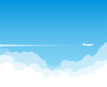 Airplane Flying Above Clouds. Jet Plane With Exhaust White Trail. Blue Gradient And White Plane Silhouette. White And Transparent Clouds On The Blue Sky.