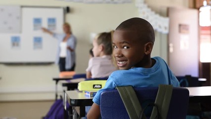 Wall Mural - Portrait of proud african school boy looking at camera in classroom