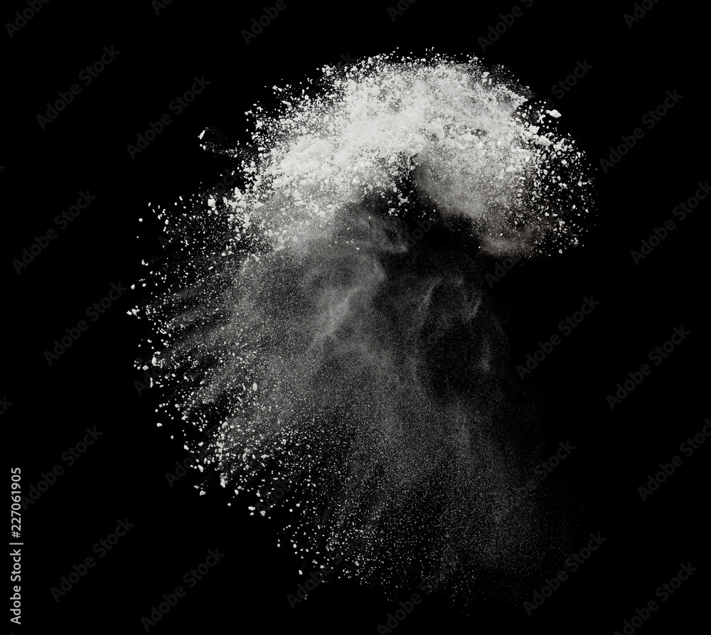 White powder or flour explosion isolated on black background  freeze stop motion object design - obrazy, fototapety, plakaty 