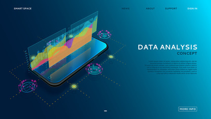 Data analysis landing page. 3d vector illustration with finance graphs, analytics data and charts on smartphone. App of mobile phone with business infographic charts. Information technology concept.