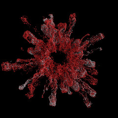 Poster - 3d render simulated particles. Complex particle simulation with turbulence and random scales of sphere elements.