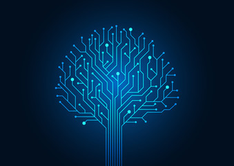 Wall Mural - Circuit board symbol tree shape. Abstract background blue color technology concept. Vector illustration dots and lines social network and 