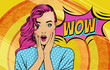 Wow pop art face. Sexy surprised woman with pink hair and open mouth with inscription wow in reflection. Vector colorful background in pop art retro comic style.