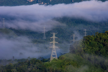Wall Mural - electric transmission towers in fog