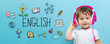 English with toddler boy with headphones on a blue background