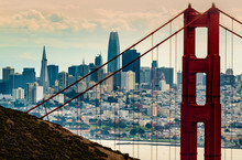 City Of San Francisco Ca. Downtown Business District Seen Through The North Tower Of The Golden Gate Bridge