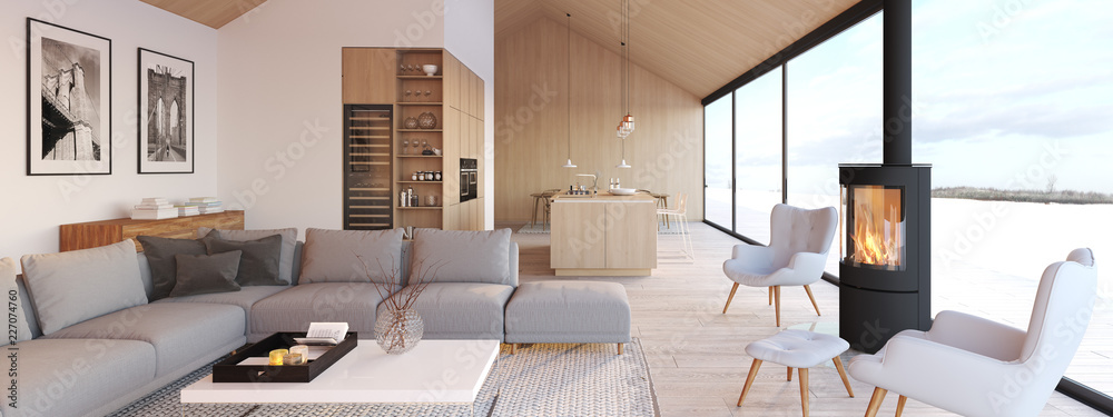 Picture of new modern scandinavian loft apartment. 3d rendering Stock Illustration ...