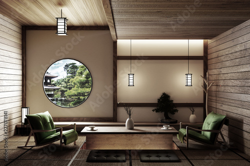 Fotografía Zen style - empty Japanese room with chair,lamp,bonsai tree and tatami mat floor on wall modern wooden window view
