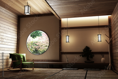 Zen Style Empty Japanese Room With Chair Lamp Bonsai Tree