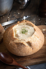 Wall Mural - clam chowder in sour dough bread bowl