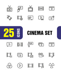 Sticker - Cinema icons. Set of line icons. Player filmstrip, camera. Video content concept. Vector illustration can be used for topics like online movie, video footage, streaming.